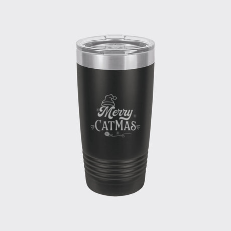 Black 20 oz tumbler laser engraved with "Merry Catmas"