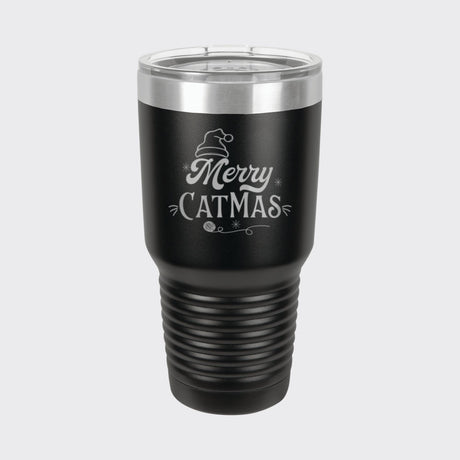 Black 30 oz tumbler laser engraved with "Merry Catmas"