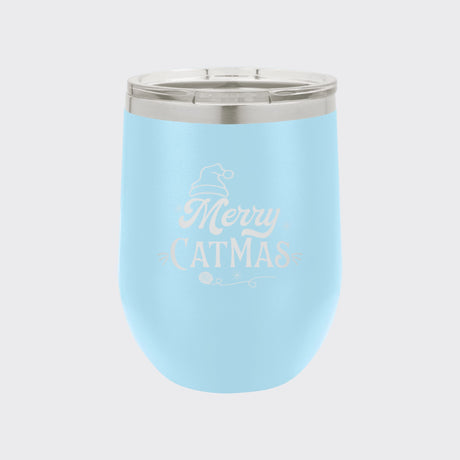 Light Blue 12 oz stemless wine tumbler laser engraved with "Merry Catmas"