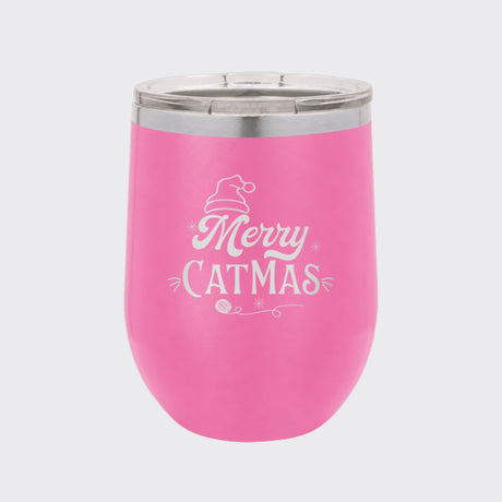 Pink 12 oz stemless wine tumbler laser engraved with "Merry Catmas"