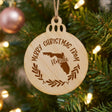 Round wood Christmas ornament engraved Merry Christmas From Florida, with the state shape in a laurel wreath