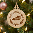 Round wood Christmas ornament engraved Merry Christmas From Kentucky, with the state shape in a laurel wreath