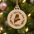 Round wood Christmas ornament engraved Merry Christmas From Maine, with the state shape in a laurel wreath