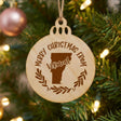 Round wood Christmas ornament engraved Merry Christmas From Vermont, with the state shape in a laurel wreath