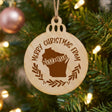 Round wood Christmas ornament engraved Merry Christmas From Wisconsin, with the state shape in a laurel wreath