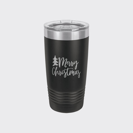 Black 20 oz tumbler laser engraved with "Merry Christmas"