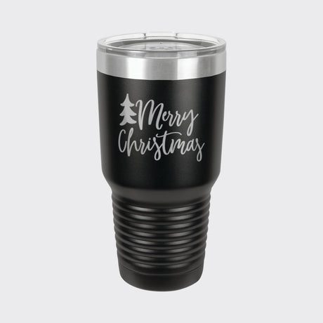 Black 30 oz tumbler laser engraved with "Merry Christmas"