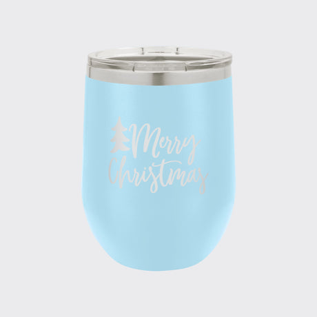 Light Blue 12 oz stemless wine tumbler laser engraved with "Merry Christmas"