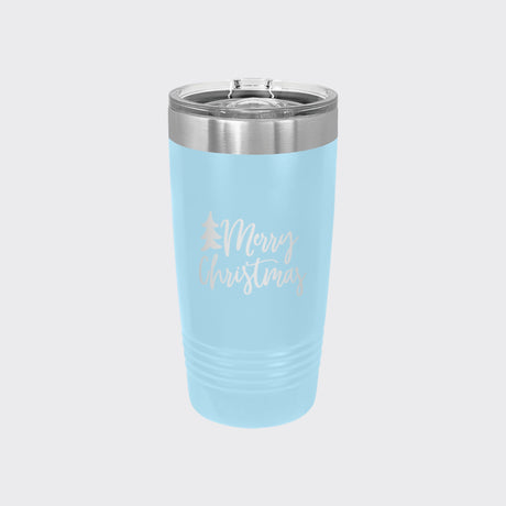 Light Blue 20 oz tumbler laser engraved with "Merry Christmas"