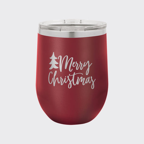 Maroon 12 oz stemless wine tumbler laser engraved with "Merry Christmas"