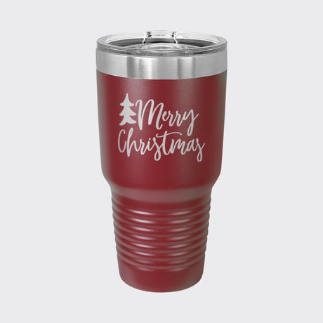Maroon 30 oz tumbler laser engraved with "Merry Christmas"