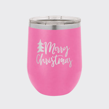 Pink 12 oz stemless wine tumbler laser engraved with "Merry Christmas"