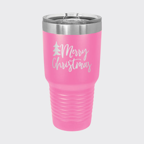 Pink 30 oz tumbler laser engraved with "Merry Christmas"