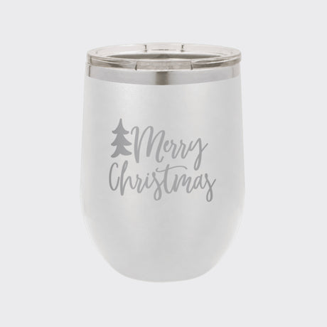 White 12 oz stemless wine tumbler laser engraved with "Merry Christmas"