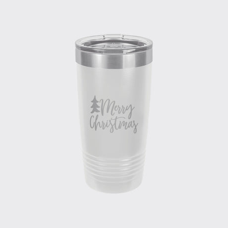 White 20 oz tumbler laser engraved with "Merry Christmas"