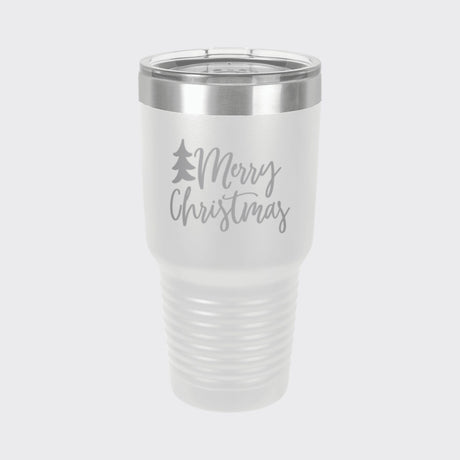 White 30 oz tumbler laser engraved with "Merry Christmas"