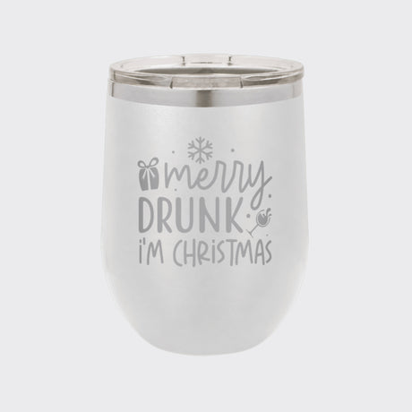 White 12 oz stemless wine tumbler laser engraved with "Merry Drunk, I'm Christmas"