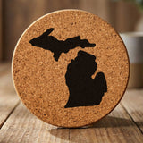 Michigan round cork coaster with the full state shape engraved
