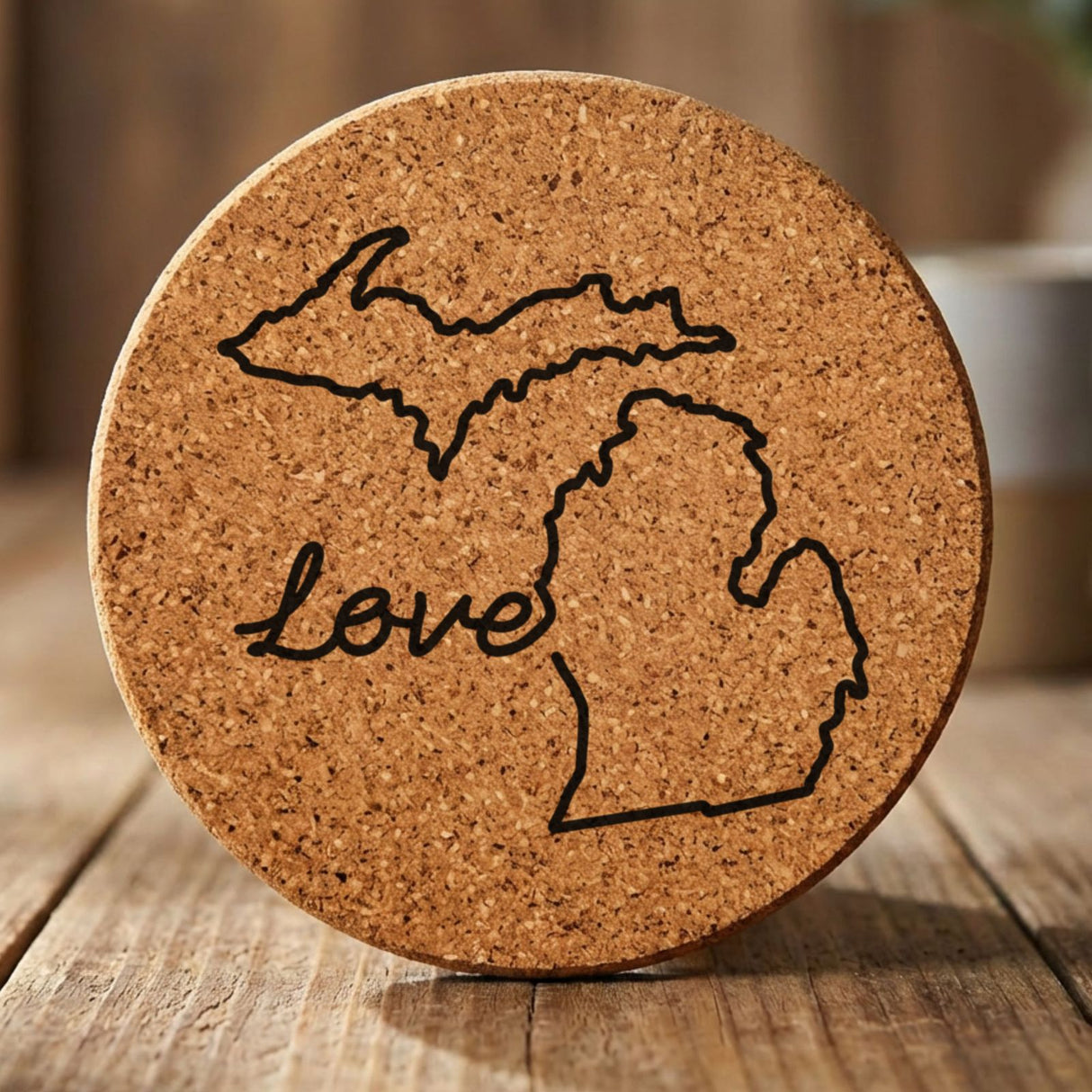 Michigan round cork coaster engraved with a hand-drawn state outline and love in cursive