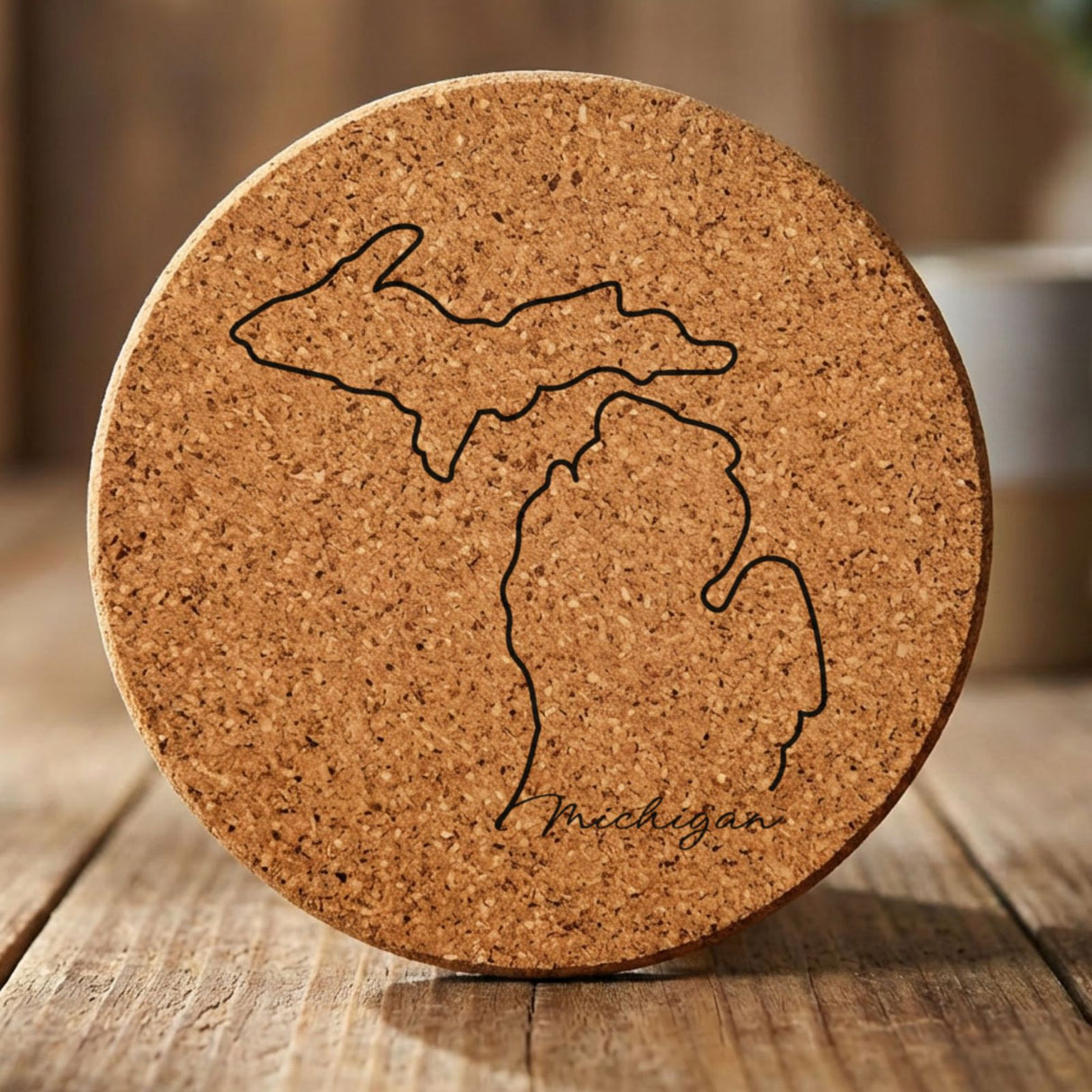 Michigan round cork coaster engraved with the state outline and Michigan in script lettering