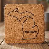 Michigan square cork coaster engraved with the state outline and MICHIGAN in hand-drawn brush lettering