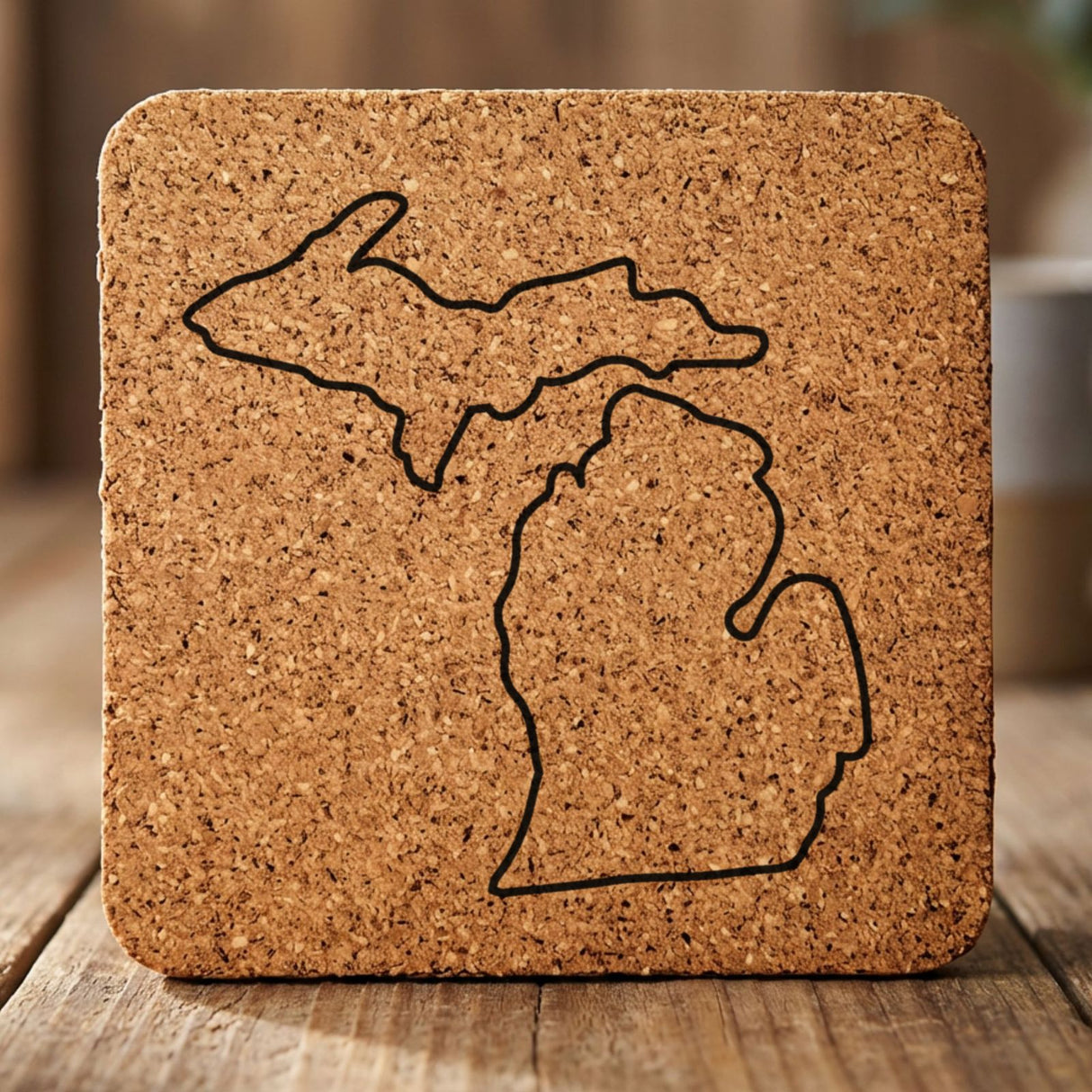 Michigan square cork coaster engraved with a clean state outline