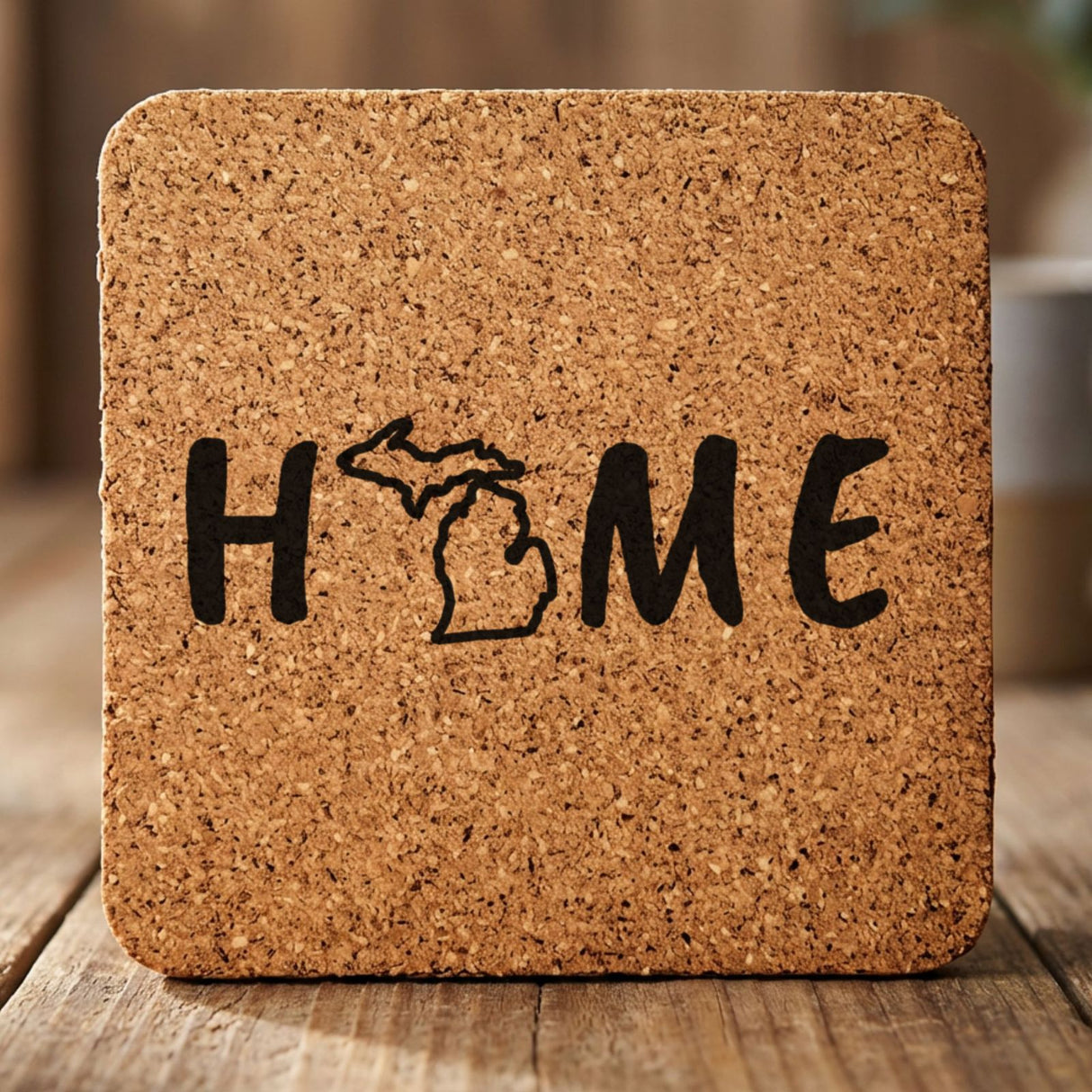 Michigan square cork coaster engraved with HOME using the state outline as the letter O