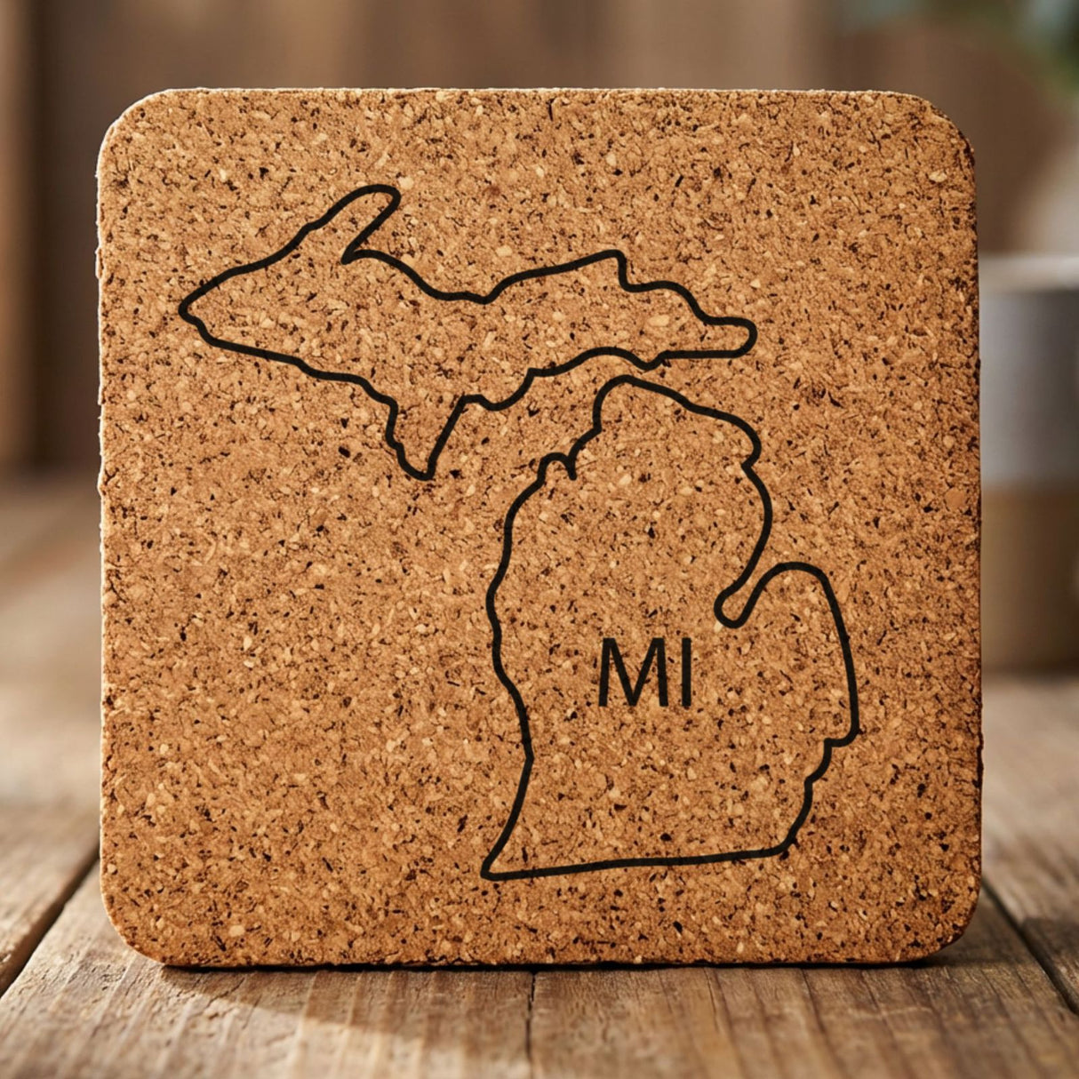 Michigan square cork coaster engraved with the state outline and MI initials