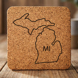Michigan square cork coaster engraved with the state outline and MI initials