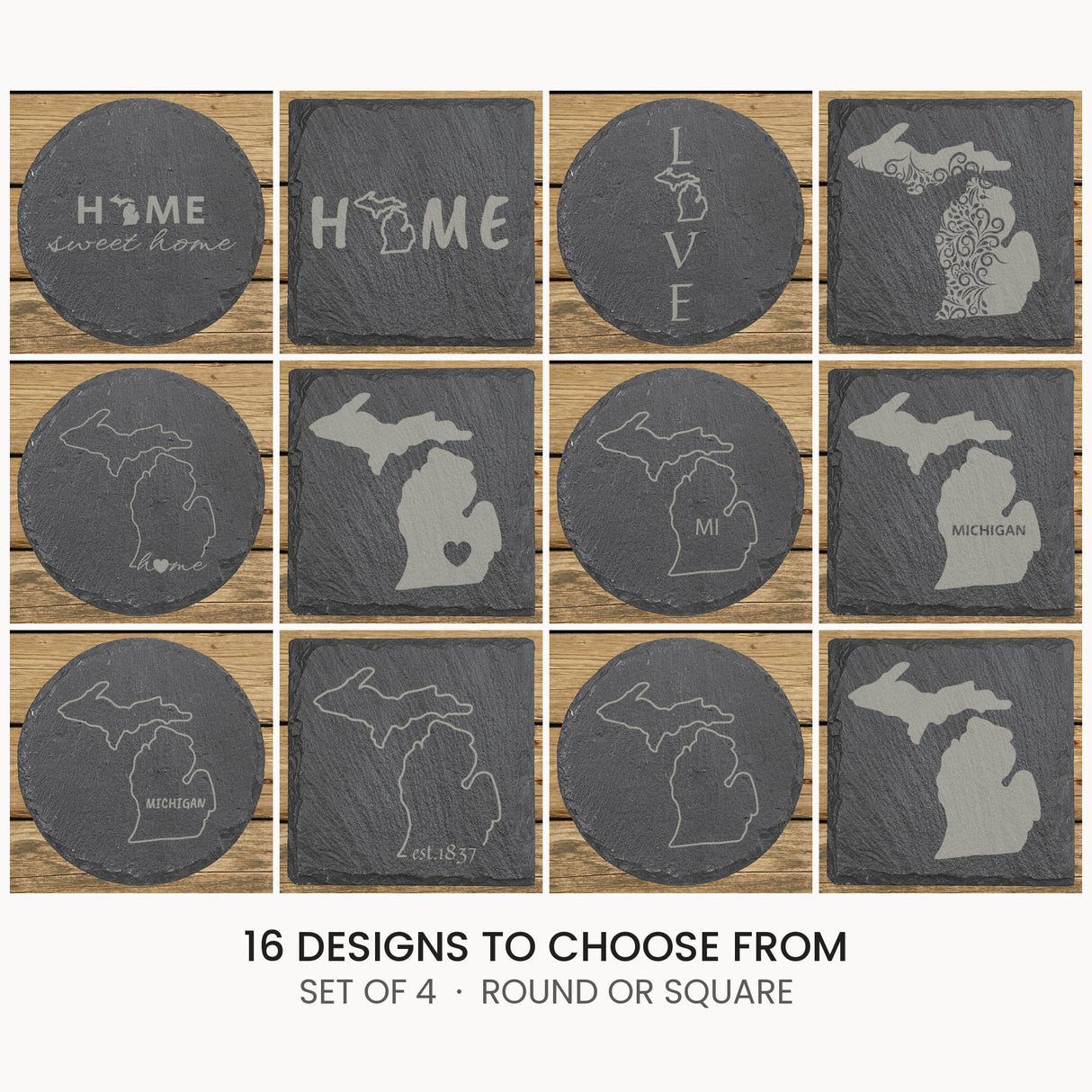 Michigan slate coaster set, laser engraved natural stone