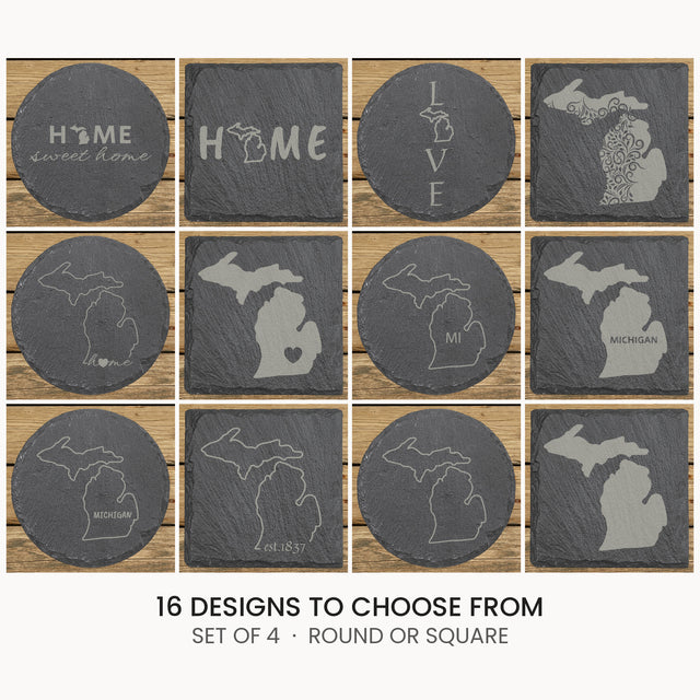 Michigan slate coaster set, laser engraved natural stone