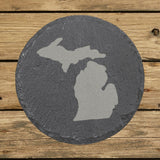 Michigan round slate coaster with the full state shape engraved