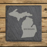 Michigan square slate coaster engraved with the state shape and MICHIGAN in bold lettering