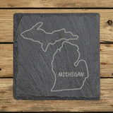 Michigan square slate coaster engraved with the state outline and MICHIGAN in hand-drawn brush lettering