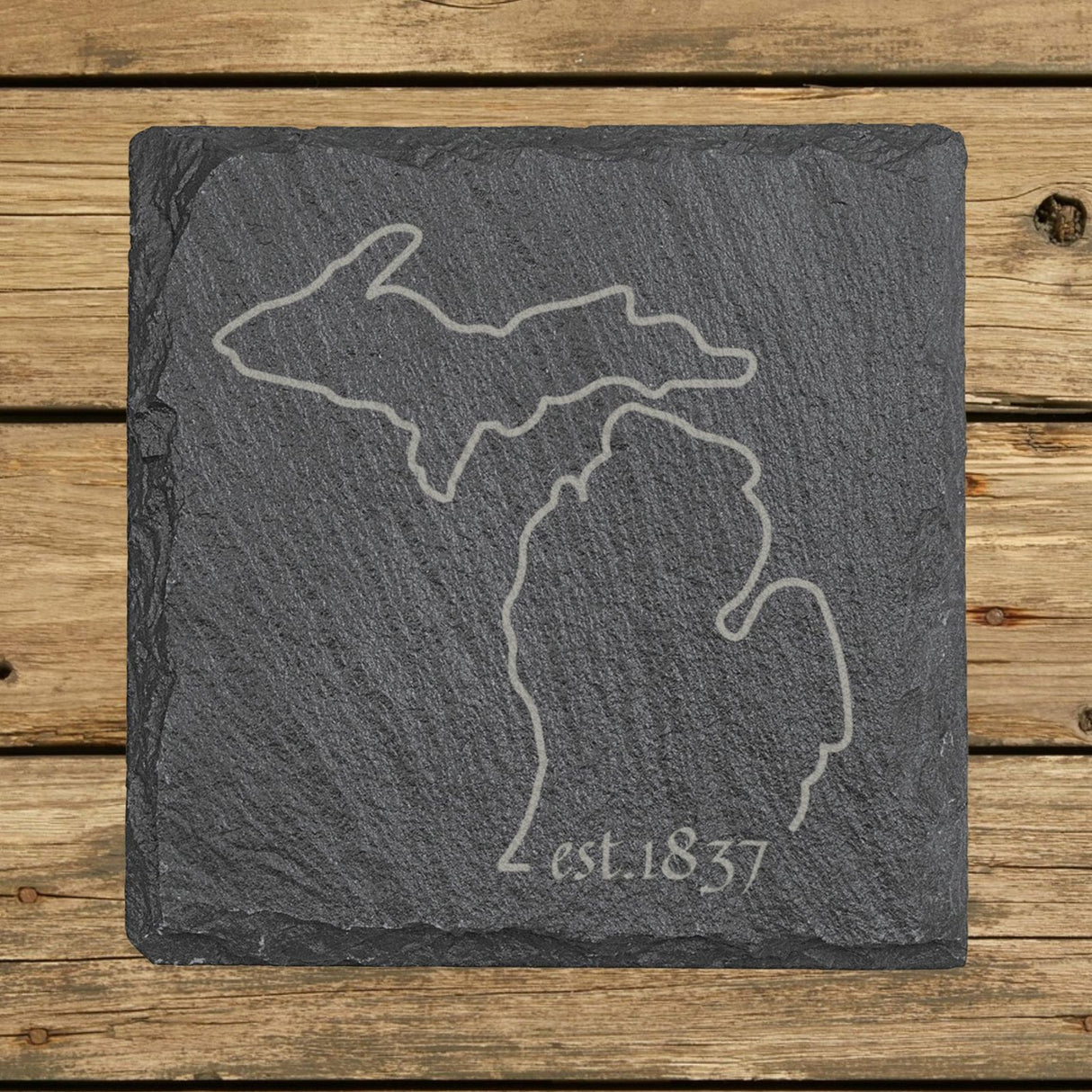 Michigan square slate coaster engraved with the state outline and est. 1837