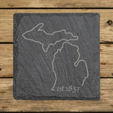 Michigan square slate coaster engraved with the state outline and est. 1837
