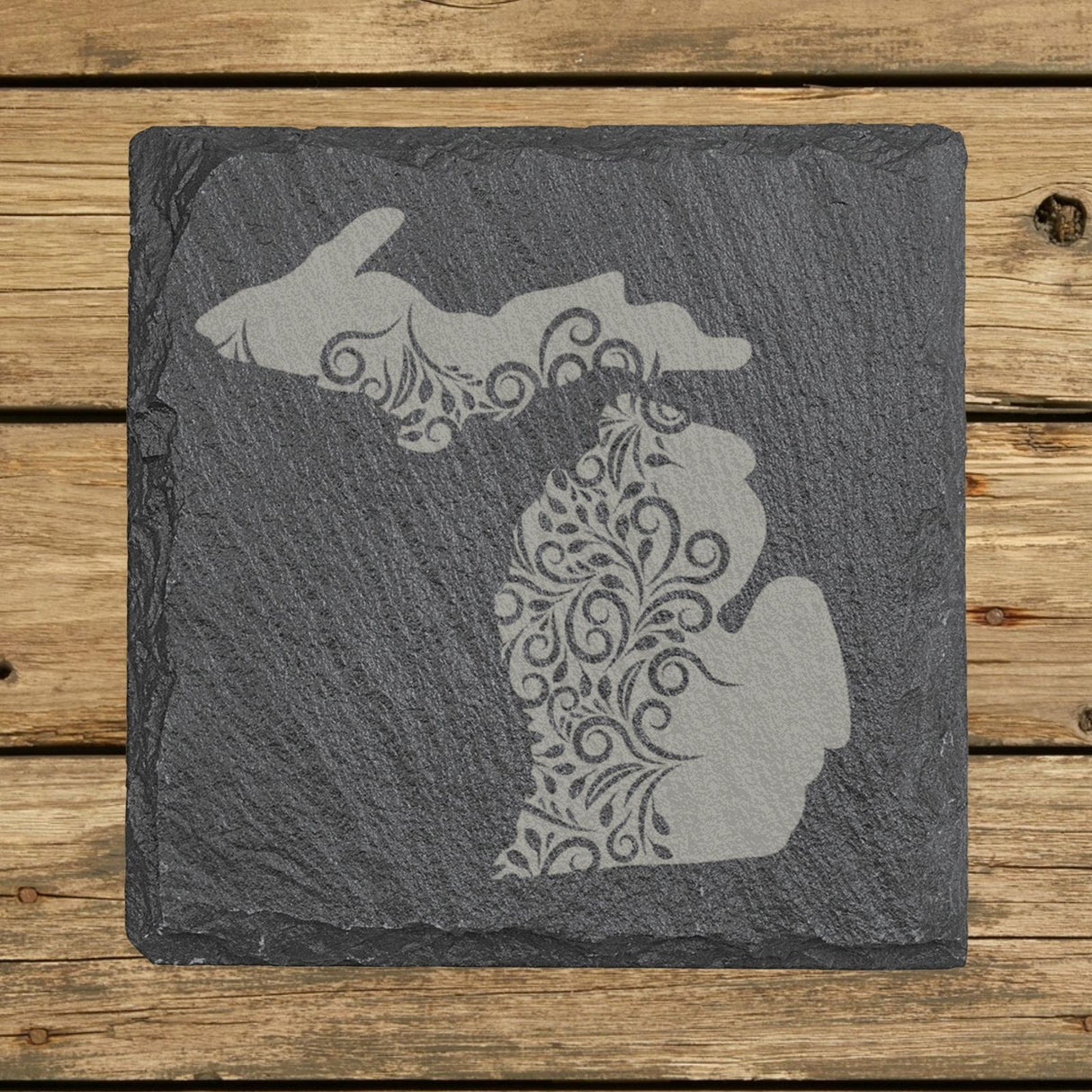 Michigan square slate coaster engraved with the state shape in ornate floral scrollwork