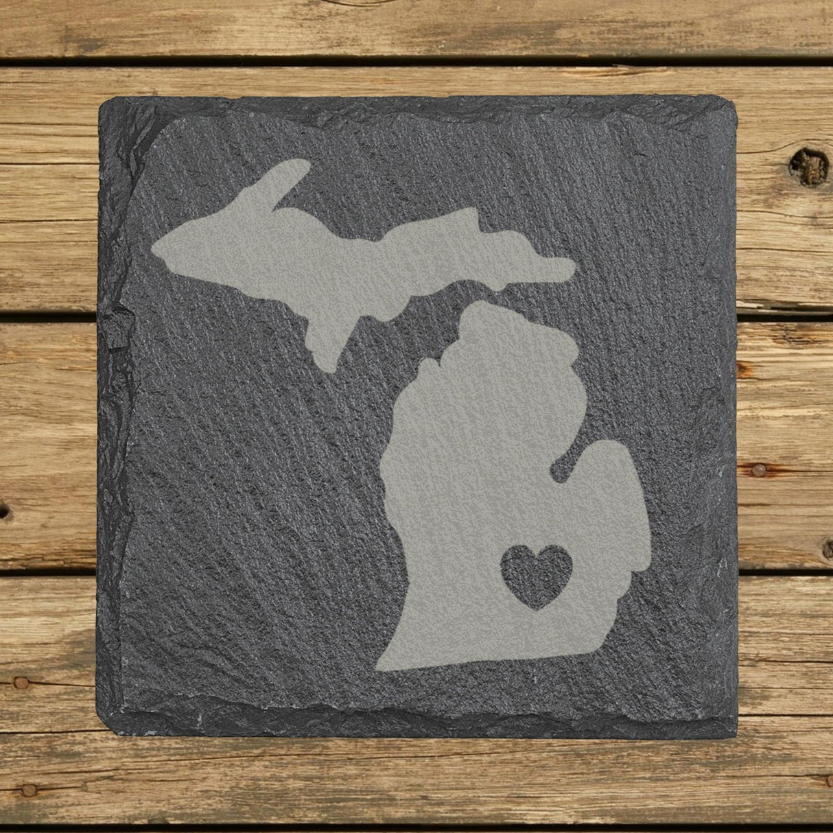 Michigan square slate coaster engraved with the state shape and a heart