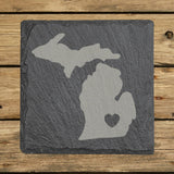 Michigan square slate coaster engraved with the state shape and a heart
