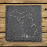 Michigan square slate coaster engraved with the state outline and home in script with a heart