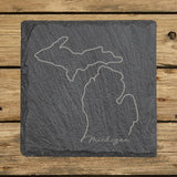 Michigan square slate coaster engraved with the state outline and Michigan in script lettering