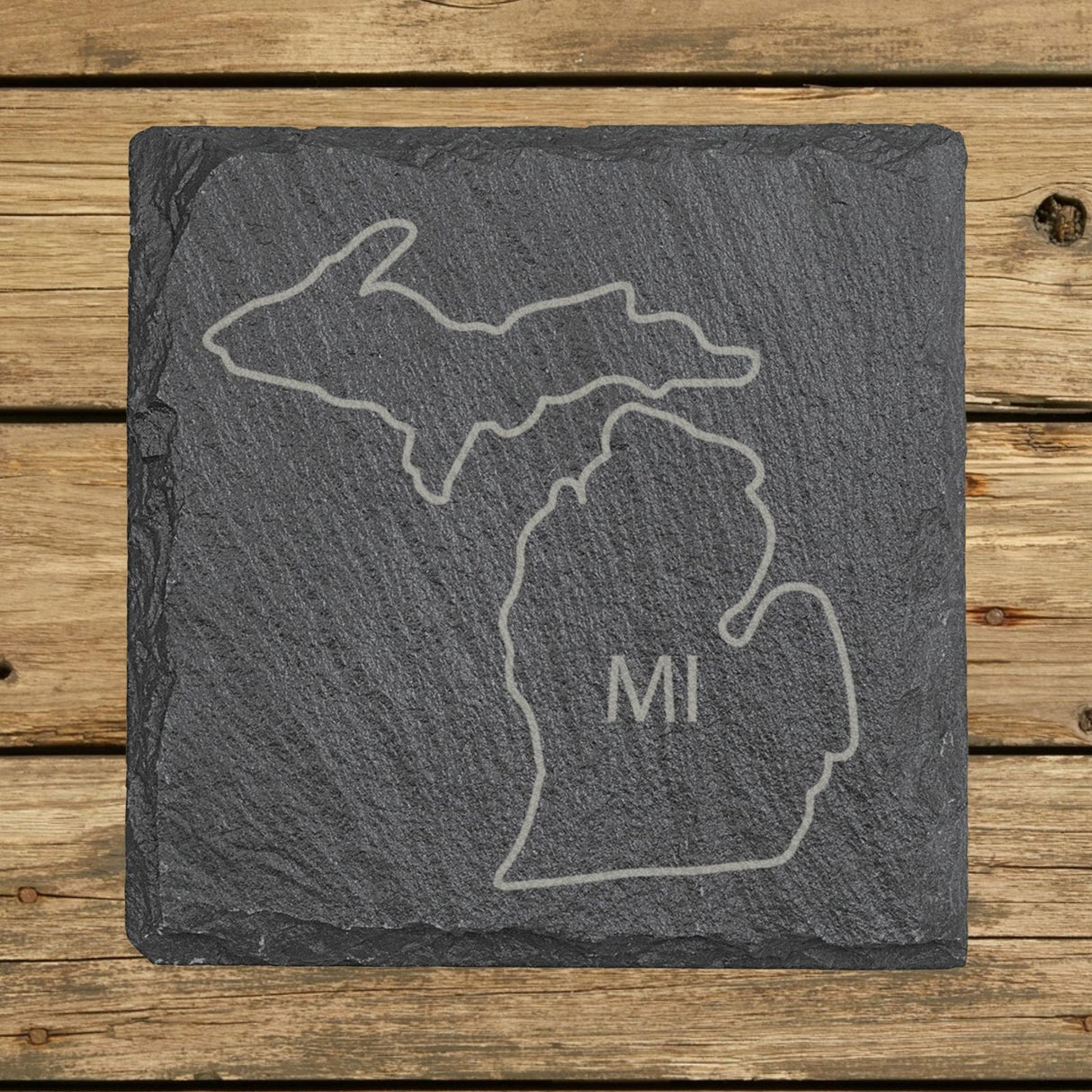 Michigan square slate coaster engraved with the state outline and MI initials