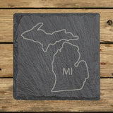 Michigan square slate coaster engraved with the state outline and MI initials