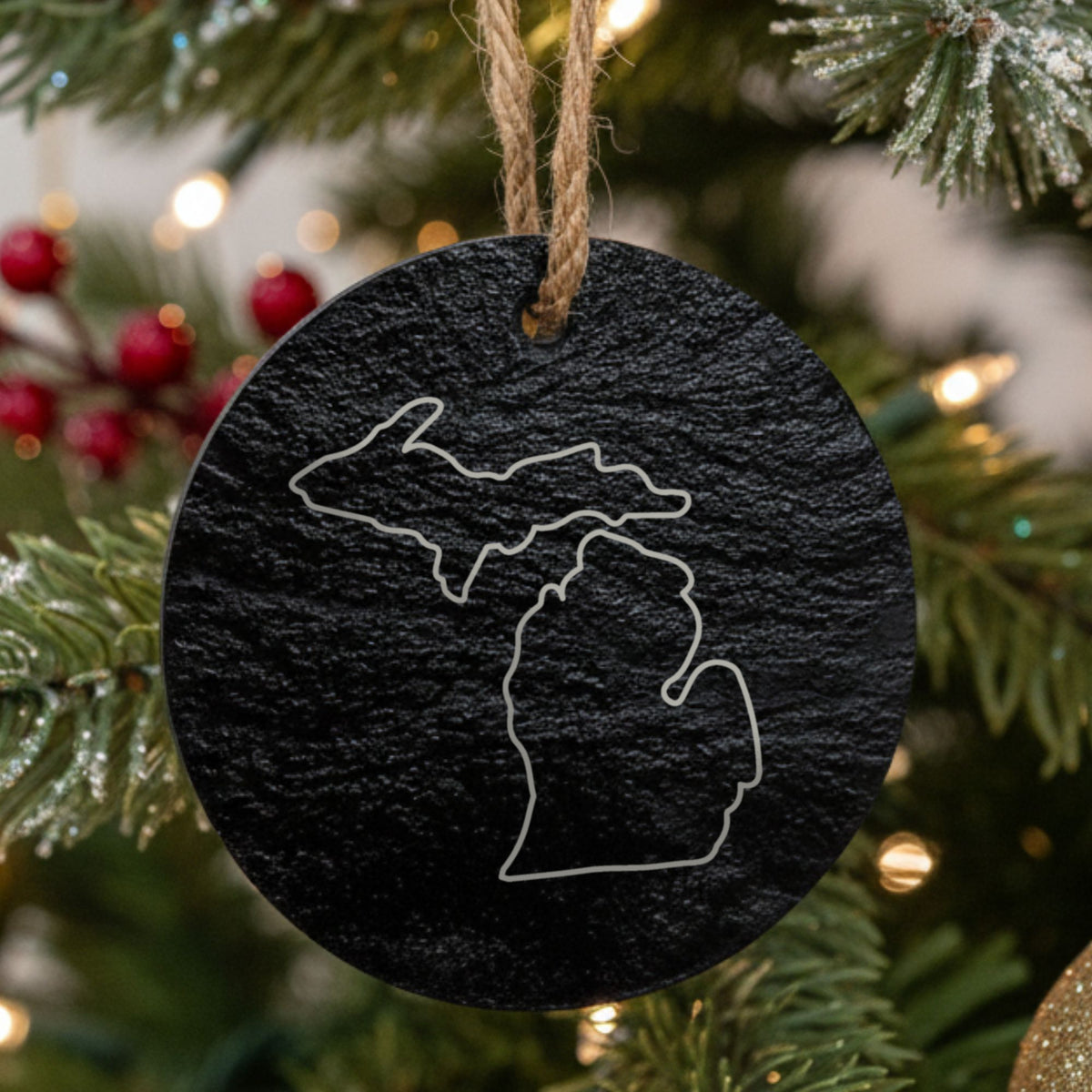 Michigan round slate Christmas ornament engraved with a clean state outline