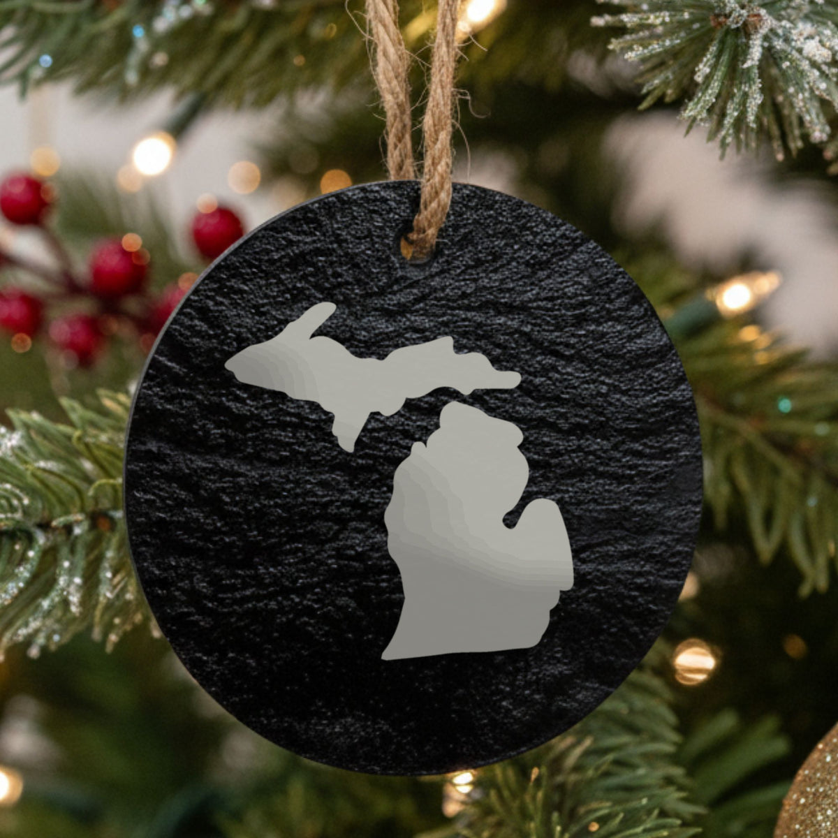 Michigan round slate Christmas ornament with the full state shape engraved