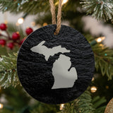 Michigan round slate Christmas ornament with the full state shape engraved
