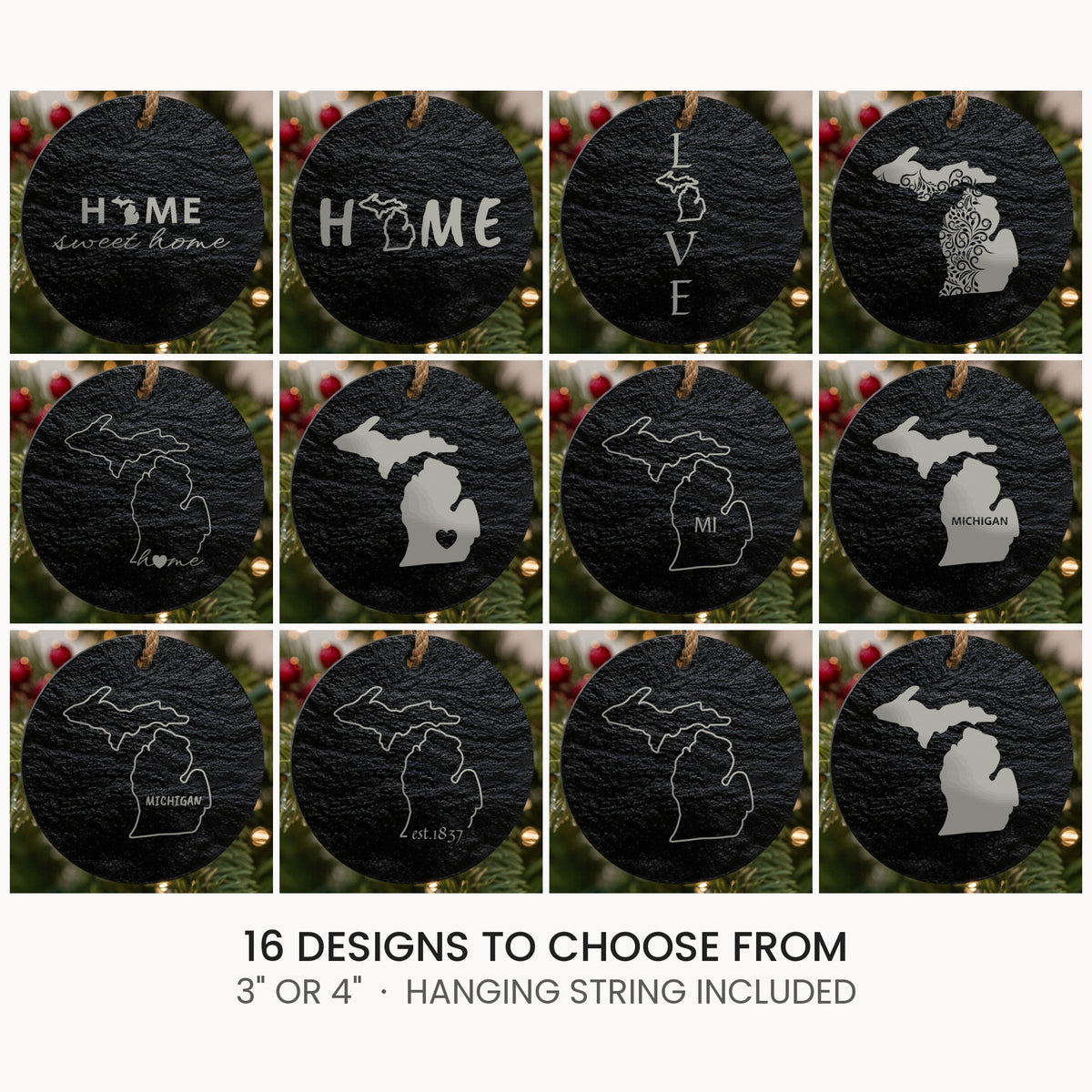 Michigan slate Christmas ornament, laser engraved natural stone