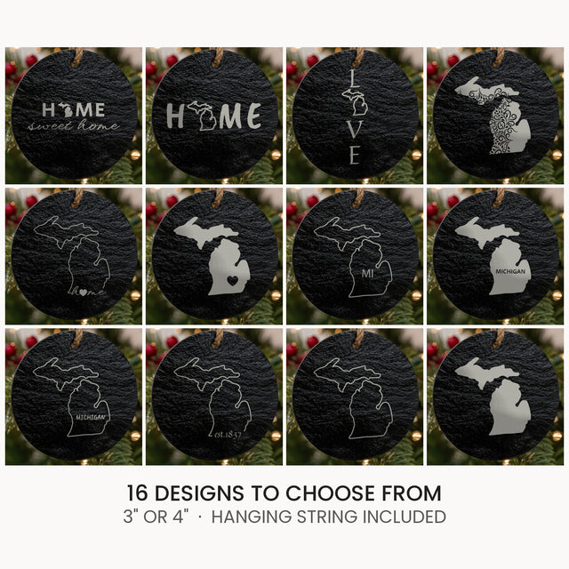 Michigan slate Christmas ornament, laser engraved natural stone