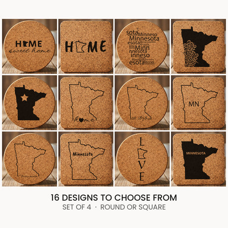 Minnesota cork coaster set, laser engraved natural cork