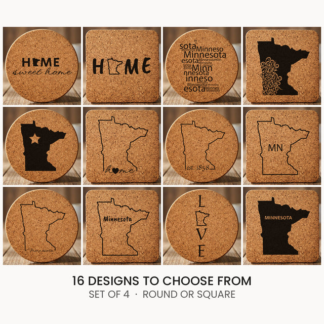 Minnesota cork coaster set, laser engraved natural cork